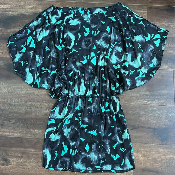 Express Size Small Mini Dress Batwing Sleeves Silk Black Teal Floral Flowy Drape - Picture 1 of 8